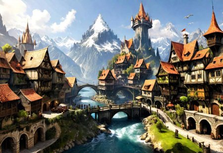 something with fantasy and D&D style, places and streets, regions and cities, special buildings, working people, animals, ultra high quality