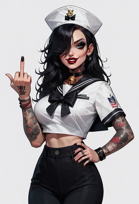 score_9, score_8_up, score_7_up, s41l0r, dixie cap hat, hat, sailor, sailor collar, pants, shirt, bell-bottoms, 1girl, sexy 18 yo goth girl, cute face, messy medium black hair, mascara, lipstick, hair over one eye, large breasts, hourglass figure, giving middle finger, smug, t4ts, tattoos, tattoo