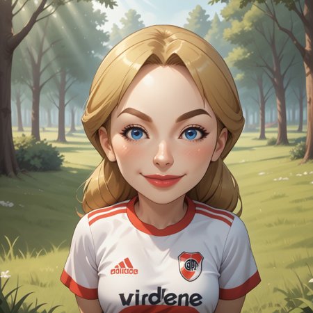 score_9, score_8, BREAK, solo, mii, wii, wii sports, female mii, 1girl, cute, blonde hair, dark blonde eyebrows, white skin, blue eyes, big lips, blush, RiverPlate, striped shirt, striped, shirt, white shirt, short sleeves, clothes writing, sportswear, soccer uniform, Julie_(\Wii_Sports\), Nintendo Mii, modern_mii, classic_mii, breasts, adult female, mature female, sexy pose, self portrait, smile, outdoors, sunlight, shadows, evening lighting, natural lighting, forest, trees, grass, orange sky, sunset