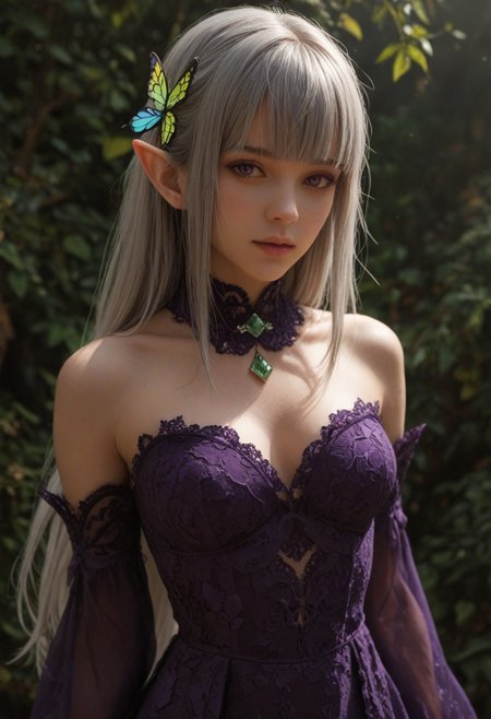 score_9, score_8_up, score_7_up, score_6_up, 
1girl, 25 years old, perfect face, (adult), sexy, 1girl,
purple eyes, 
grey hair, long hair, butterfly hair ornament, hair ribbon, blunt bangs, 
pointy ears,
green gemstone, 
purple dress, bare shoulders, purple sleeves, 
lace dress, frilled dress