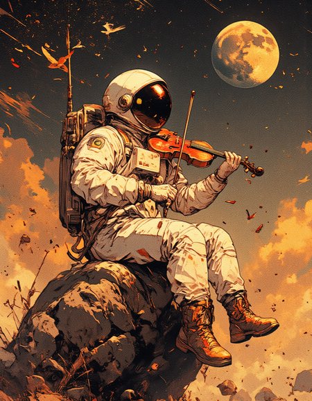 An astronaut in a vintage spacesuit sits on a hovering rock in outer space, playing a violin. Wine glasses fly around him, the earth is covered with dust, the moon hangs in the background. The atmosphere is surreal, soft diffused light, warm ochre shades. details are carefully drawn. The style is a mix of retro-futurism, surrealism and space aesthetics