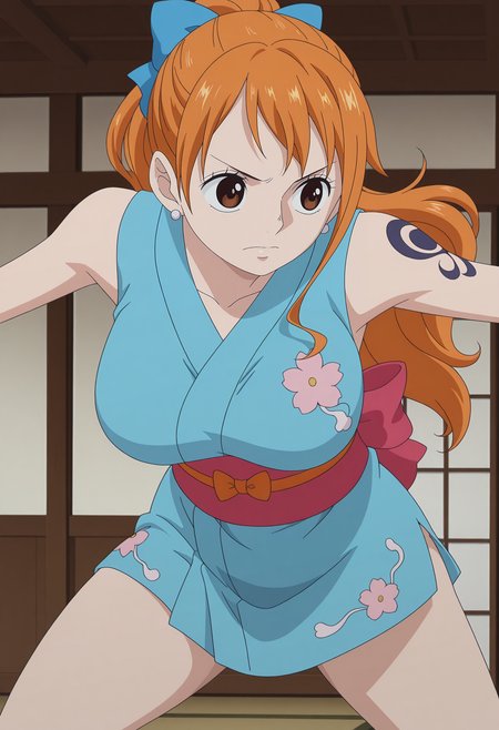 1girl,solo,mm,mature female,orange hair,brown eyes,earrings,large breasts,anime coloring,
long hair,hair bow,ponytail,blue kimono,sleeveless kimono,short kimono,tattoo,dynamic pose, indoors
,masterpiece,best quality,amazing quality,<lora:NAMI-ONE_PIECE-SabaodyWano:0.8>