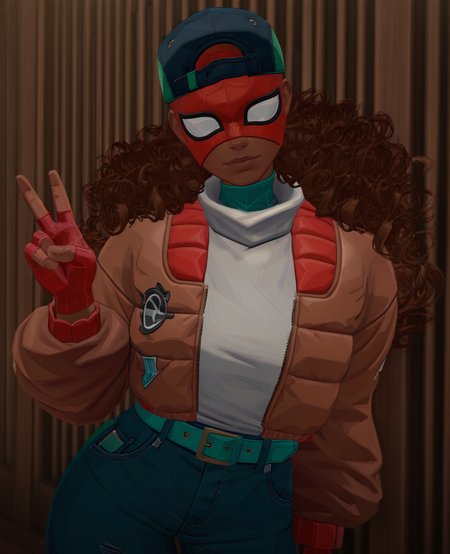 masterpiece, best quality, amazing quality, highres, absurdres, intricate detail, solo, sz1, 1girl, brown hair, curly hair, long hair, dark-skinned female, baseball cap, mask, jacket, undershirt, turtleneck, jeans, belt, looking at viewer, fingerless gloves,  <lora:Spider_Zero_IILUS-000009:0.8>, portrait, leaning to the side, peace sign, v