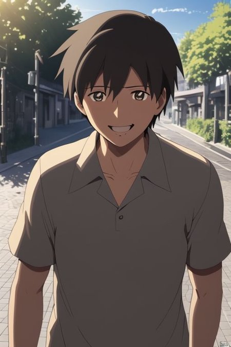 high resolution, solo, best quality, 1Boy, Takaki Toono, Brownish Hair, Brown Eyes, Looking at viewer, happiness, depth of field, half body, outdoor, OverallDetail