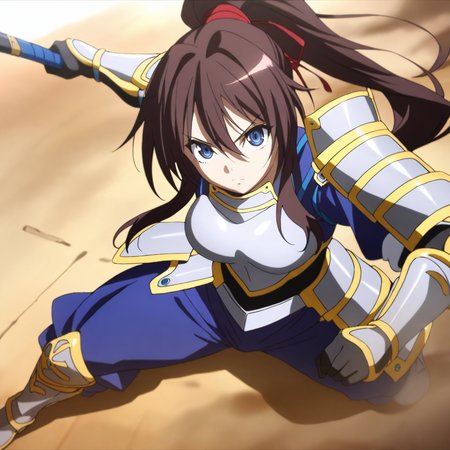 solo,anime coloring,looking at viewer,masterpiece,high score,great score,absurdres,armor,<lora:ShibataKatsuie ag4o:1> shibatakatsuie, brown hair, ponytail, blue eyes,full body,holding weapon,