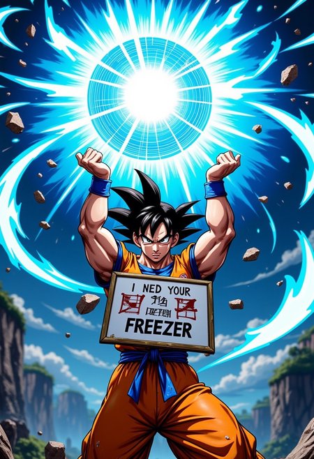 Goku from dragon ball with his two arm withh opne hands raised casting a huge massive blue ball of energy, he is battered and hurt and is saying in a bubble chat,damage clothes,Goku is holding a  huge sign in one hand that reads "I NEED YOUR BUZZ TO DEFEAT FREEZER"