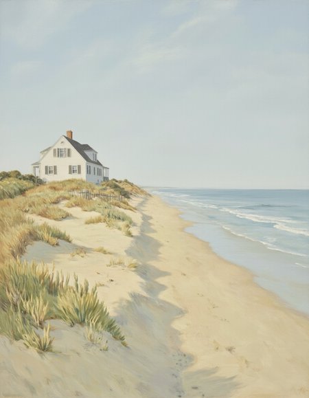 A serene and detailed painting of a classic Cape Cod-style mansion on a sandy beach, inspired by the minimalist, intimate style of Maureen Gallace. The mansion, painted in crisp white with dark gray shutters and a steeply pitched roof, evokes a sense of coastal charm and understated elegance. It is nestled among dunes covered in soft, swaying sea oats, with a weathered wooden fence leading toward the shoreline.
The beach stretches into the distance, rendered with subtle textures and muted tones that blend harmoniously into the soft blues of the sky and sea. The water is calm, with gentle waves reaching the sandy shore. The late afternoon light casts a warm, golden glow across the scene, creating long shadows and a tranquil atmosphere.
The painting reflects Gallace's characteristic approach, focusing on simplicity and quiet beauty, with an emphasis on geometric shapes and muted, natural colors. The brushwork is soft and deliberate, capturing the essence of the Cape Cod setting while leaving enough abstraction to allow viewers to project their own sense of nostalgia onto the scene.
Medium and Style:
Oil on canvas.
Minimalist, modern style with clean, precise brushstrokes.
A muted and naturalistic color palette, with soft beiges, whites, and pastel blues dominating the composition.
This artwork reflects the timeless beauty of New England's coastal landscapes, inviting the viewer into a serene and reflective moment.