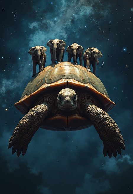 The Great A'Tuin is an immense, cosmic turtle swimming through the infinite void of space. Its massive, ancient shell is covered in craters and ridges, some glowing faintly with the light of distant stars. On top of its back, four colossal elephants stand tall, arranged in a circle at 90 degrees to each other,  supporting the vast, isometric disc-shaped world of Discworld on their broad shoulders. The turtle's leathery skin glistens faintly in the starlight, its large, serene eyes staring forward as it moves slowly through the galaxies. Below its enormous flippers, stars and nebulae swirl, creating an awe-inspiring contrast of size and serenity. A'Tuin's age is suggested by the weathering on its shell and the deep, wise expression in its ancient gaze. The entire scene feels both fantastical and majestic, with a sense of cosmic purpose and grand mythology.