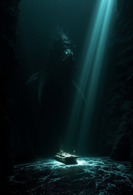 A small submarine navigates the deepest, most isolated part of the Mariana Trench, where no natural light can reach. The scene is enveloped in an impenetrable void of absolute darkness, with no water surface, no reflections, and no ambient glow. The environment is entirely alien, and the submarine’s floodlights are the sole source of illumination, casting narrow beams through the black abyss.

As the lights cut through the void, they briefly reveal the shadowy silhouette of a colossal sea monster (1.6), its massive form mostly hidden by the overwhelming darkness. Only fragmented details are visible: a faint, glowing eye (1.4), the outline of jagged fins, and armor-like scales. The rest of the creature disappears into the blackness, emphasizing its immense size and the unknowable danger it poses.

The submarine appears fragile, its lights carving out small sanctuaries of visibility in the infinite abyss. Fine particles of sediment drift lazily through the beams, glowing faintly like suspended stardust, adding texture to the void. Small bioluminescent creatures flicker in electric blue, green, and violet, darting briefly through the lights before vanishing again into the darkness.

The trench itself is a suffocating expanse of blackness, stretching endlessly in every direction. There is no surface, no water layers, and no ambient light—only the submarine and its lights exist in this oppressive, otherworldly environment. The composition is cinematic, with the submarine’s beams forming the focal point, casting sharp contrasts of light and shadow. The monster’s glowing eye and faint outline add a haunting, mysterious presence, highlighting the profound isolation and alien beauty of Earth’s deepest frontier.. 

with rays of sunlight breaking through the hazy atmosphere. a masterpiece. mythp0rt, 

 An otherworldly atmosphere.
(Depth of field), low saturation, detail. mythical, stylish, charismatic. ,
, masterpiece, ,Image quality, , CPA,
UNI_SCI_FI_CORE.
