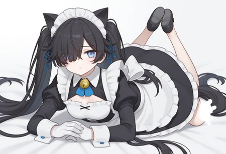 (Maid-kasli), solo, white gloves, dress, hair over one eye, maid apron, blue eyes, twintails, cat ears, maid headdress, maid, gloves, 1girl, apron, juliet sleeves, long sleeves, long hair, black hair, animal ears, bell,(Fall down),