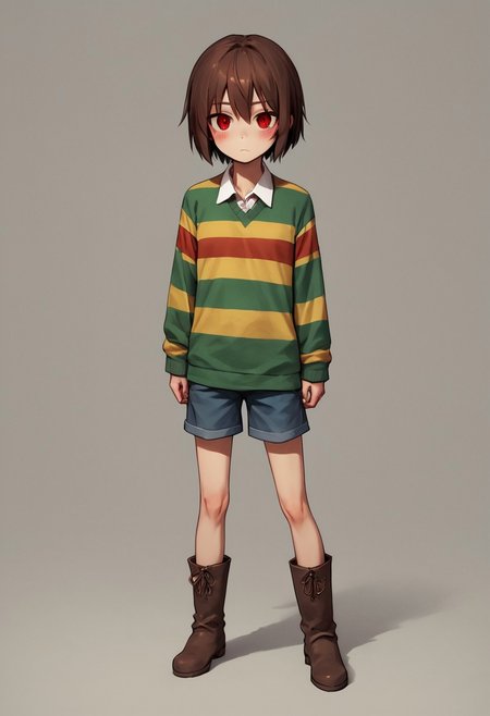 Chara,canon, striped sweater, shorts, red eyes, brown hair, short hair, boots, blush, locket, scoop neck, collared, red eyes, small breasts, young, skinny, source_anime,score_9, score_8_up, score_7_up,1girl, solo,