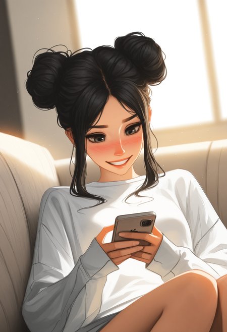 mature female, realistic, 1girl, (solo), russian, e-girl, long face, nose blush, reclining, (slender body), (blue oversized sweatshirt), long_sleeves, bottomless, small breasts, big round eyes, (hazel eyes), ((wide grin)), no bra, braless, untucked clothes, messy single bun hair, (black hair), sidelocks, (holding_phone), smartphone, (looking_at_phone), looking down, Iphone, light particles, warm lighting, sunrays, godrays, early morning, masterpiece scenario, instagram photo, half body, blushing, feet out of frame, sitting on couch, knees together, wide shot, window lighting, soft shadows, portrait, closeup of face, depth of field, blurry background, masterpiece, best quality, amazing quality, highest quality, crisp image, official art, incredibly absurdres, newest, s4mdoes4rt