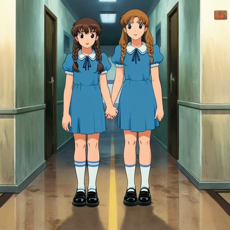anime artwork of  <lora:perfection style:0.5> <lora:detailed:0.5> perfection detailed
 <lora:The Shining film style:0.9> In cartoon
In the 1980's in the Colorado Rocky Mountains two twin sisters in dresses standing in a hallway,long hair,brown hair,dress,2girls,standing,short sleeves,shoes,socks,black footwear,blue dress,holding hands,siblings,twins,horror (theme) , cinematic, film, kodak, The Shining film style, anime style, key visual, vibrant, studio anime,  highly detailed