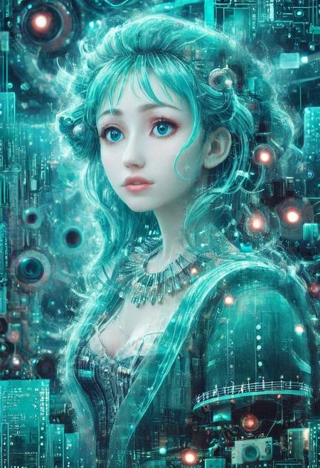 double exposure of opera diva Hatsune Miku with long floating aqua twintails singing high note merging with a printed circuit board of Yamaha electronics chip processor, <lora:DoubleExposure:1>, (head:1.8), <lora:The Phantom of the Opera style:1.5> The Phantom of the Opera style, <lora:loraeyesxl:0.4>