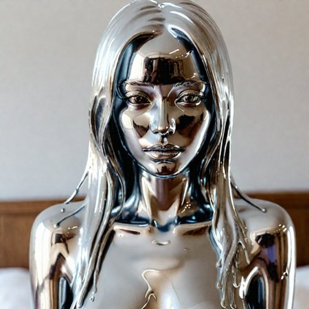 (melting dripping liquid metal chrome girl statue made of liquid metal chrome :.1), silver straight hair, looking at camera, bed room background
best quality, ultra realistic, 8k, 4k, highres, raw photo, real, analog style