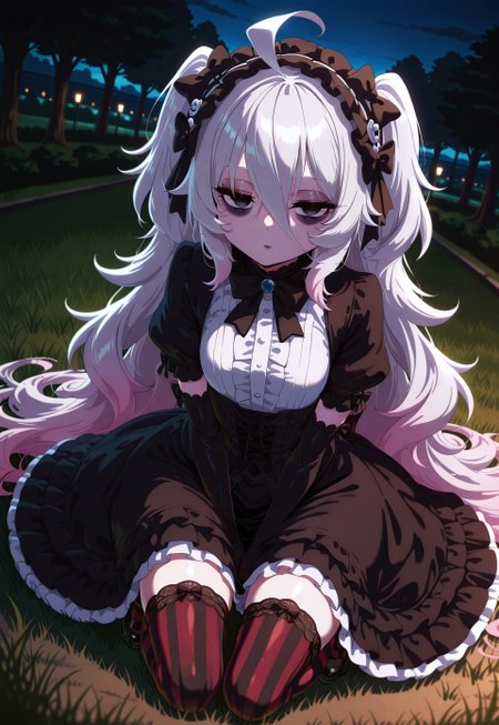 1girl, Shadwo, black eyes, white hair, grey hair, very long hair, messy hair, hair between eyes, ahoge, small breasts, bags under eyes, gothic hair, two side up, hair bows, multiple hair bows, gradient hair, multicolored hair, black streaked hair, masterpiece, best quality, absurdres, 
(gothic theme, lolitafashion:1.2), gothic lolitafashion, gothiclolita, gothic lolitadress, victorian dress, gothic, dark, moody, puffy dress, petticoat, puffy sleeves, dark colors, frilled skirt, gothic thighhighs, striped thighhighs, gothic dress, elbow gloves, gothic headdress, too many bows, multiple bows, too many frills, frilled fabric, center frills, gothic lolitashoes,
black lipstick, black lips, long eyelashes, eyeshadow, eyeliner, mascara, gothic makeup,  
outdoors, nature, park, night, dark environment, fog, 
solo, sitting, kneeling, on grass, full body, dynamic pose, dutch angle, looking at viewer, v arms, hands on lap, half-closed eyes, closed mouth, expressionless,
intricate, highly detailed, majestic, shallow depth of field, movie still, circular polarizer