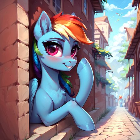 masterpiece, score_9, score_8_up, score_7_up, (best quality:1.1), ultra-detailed, high resolution, 1 girl, pony, highly detailed macro illustration,  Rainbow Dash smiling, blushing, hooves on face,  Rainbow Dash, feral, female, mare, cute, long eyelashes, outside, (((beautiful detailed eyes))), Long eyelashes, fluffy, ear fluff, long eyelashes, (cornering), taking cover, spying, wall, Highly Visible, (((8k))), sharp focus, perfect lighting, anatomically correct, extremely detailed, shine on body, (in the mlp town), high detail, cute face, suspicious facial expression, Expressiveh, detailed background, OverallDetail, zPDXL2, <lora:Corneringv1:0.8>