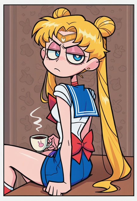 IllustriousQual, masterpiece, best quality, amazing quality, very aesthetic, absurdres, 1girl, solo, white border, animal background,
solo, having coffee, sitting, looking at viewer,, annoyed, bored, lowered eyelids,, from behind,
<lora:ValbunStyle-IL:0.9> valbun, source_anime, twintails,  (\(sailor moon\):0.9) (tsukino usagi:0.9)