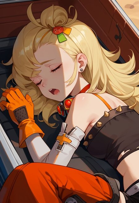 score_9, score_8_up, score_7_up, source_anime, 1girl, piperdef, closed eyes, sleepy, blonde hair, long hair, hair ornament, earrings, jewelry, choker, goggles around neck, bare shoulders, crop top, midriff, navel, detached sleeves, orange gloves, belt, black shorts, short shorts, orange pants, lying in truck, in truck, sleeping, open mouth, saliva, spoken zzz, desert, truck, facing viewer, close-up, portrait, upper body, <lora:Piper_v1-000010:1>