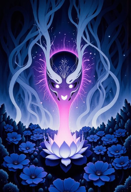 high definition digital animation depicting a cursed hannya mask radiating an eerie cyan and magenta aura blooming out of a blue lotus in a liminal bonsai garden, Studio Ghibli Dark Fairytale
