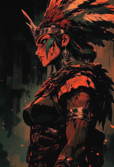 Female aztec warrior, tribal, wolf head hat, Revenant, war paint, face paint, eye black, glowing eyes, in profile, toned arms, braided hair, battle damaged armor, large breasts, breast plate, dark and moody background, adds a dramatic tone, subtle lighting reflections, ray traced, foreshortening, particle effect, Holding a sword,