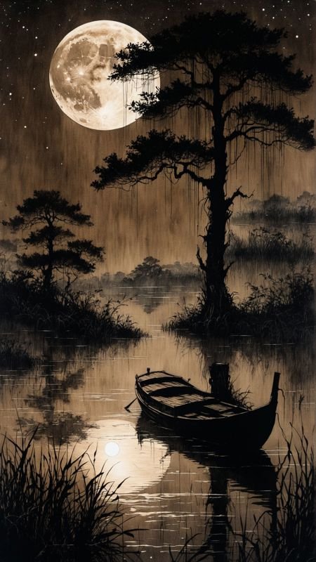 linquivera,  Ink illustration, (anime:0.5), brown tones, aged black red paper, inkpunk, moonlight,surreal, a ghost standing on a boat in swampy wetlands, (at a distance), Will-o'-the-wisp, moonlit, lonely, solitude, windy, tall trees, willows, willowy,  OverallDetail, extremely detailed, UHD,(long exposure , dystopian but extremely beautiful:1.4),<lora:- SDXL - letitflrsh_let_it_flourish_V1.0:0.8> ,<lora:Cute_Collectible:1>, <lora:XL_boss_battle:0.6>  <lora:add-detail-xl:1>,  <lora:Concept Art Twilight Style SDXL_LoRA_Pony Diffusion V6 XL:1>,  <lora:MJ52:1>