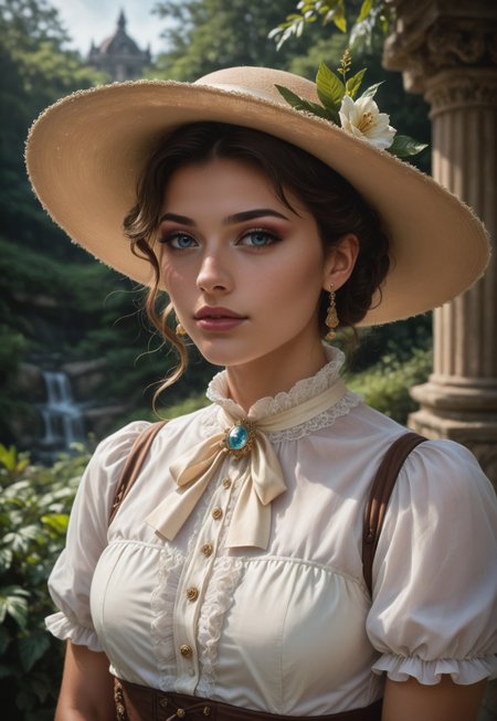 safe_pos, score_9, score_8_up, score_7_up, 1girl, solo, Victorian explorer, elegant Victorian dress with lace and embroidery, antique compass with a brass casing and intricate engravings, long wavy golden hair adorned with a wide-brimmed hat, realistic, cinematic angle, cinematic lighting, slender body, curious face, sparkling blue eyes, adventurous pose 
BREAK 
exploring a hidden ancient temple 
BREAK 
source_Victorian_art, rating_explicit, expressive, full body, dynamic pose BREAK detailed beautiful background, mysterious temple ruins with crumbling stone walls and ancient carvings, lush jungle foliage with exotic plants and vines, hidden treasures and artifacts, distant mountains shrouded in mist, adventurous atmosphere with a sense of discovery and mystery 
<lora:Expressive_H:0.6>Expressiveh, (SimplepositiveXLv1:1.3), (((upper body, full clothed:1.85))) ((masterpiece)) (ultra realistic, 32k, masterpiece:1.2), (high detailed skin:1.1), (high quality:1.1) (((full clothed))) <lora:DandonFuga_Style_v.2_-_Pony:0.8> 
(8k uhd:1,4) 
<lora:add-detail-xl:1> 
<lora:Dynamic Poses:1>