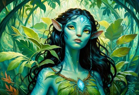 Alphonse Mucha Style page oil  painting of a young female Avatar navi alien with blue skin, wearing leaf tunic in a bioluminescent jungle