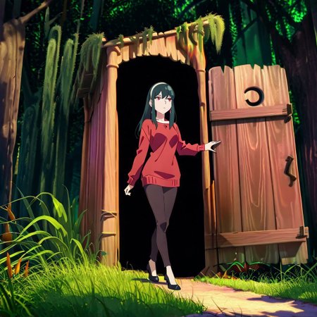 masterpiece, best quality, newest, absurdres, highres, anime, anime style, Shrek's-Outhouse-IL.V1.0, outdoors, moss, plant, nature, forest, Outhouse-closed door, Outhouse-open door, opening door, 1girl, yor_forger, spy_x_family, black_hair, red_eyes, red sweater


