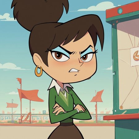 score_9, score_8_up, score_7_up, 1girl, Penelope, brown hair, ponytail, brown eyes, earrings, eyeshadow, flat chest, narrow waist, wide hips, looking at viewer, crossed arms, angry, highres, high quality, masterpiece, highres, high quality, masterpiece, <lora:Penelope_Lang:0.8>