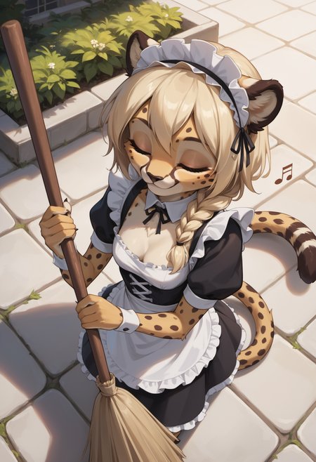 score_9, score_8_up, score_7_up,
source_furry, high quality, perfection, detailed, aesthetic, well-lighted,
1girl, solo, from above,
mansion, outdoors, garden, cobblestone floor,
furry female, anthro, furred body, fluffy fur, beautiful girl, cute girl, adult, youthful, beautiful face,  
cheetah girl, small breasts, petite, blonde hair, single braid, (long tail:1.2), good hands,  
maid outfit, cleavage, maid headband, maid apron,
holding broom, sweeping, soft smile, relaxed, closed eyes, musical note, singing,