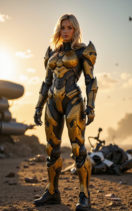 a towering blonde woman in gold-and-black power armor with angular, jagged plating, oversized gauntlets with retractable claws, carbon fiber spinal bracing visible along her back, armor gleaming in the rising sun, she stands on a battlefield surrounded by destroyed drones, one boot on a fallen enemy mech, her confident stance and perfect posture dominating the scene, photorealistic, hyper-detailed light and shadow playing across her face and armor


ftlas-mk.1