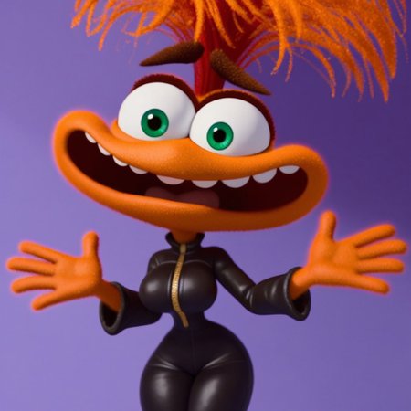 score_9, score_8_up, score_7_up, Expressiveh, masterpiece, best quality, highly detailed, realistic, (zPDXL3), 1girl, solo, (AnxietyIO, 3D, orange hair, orange body, green eyes, brown eyebrows, wide mouth, teeth, clothed, black jacket, leather jacket, open jacket, orange shirt, black pants, upper body), close-up, tongue, shocked, surprised, open mouth, (purple background, simple background), ((looking at viewer, hand on hip, bedroom eyes)), (((big breasts, thick thighs, wide hips, low-angle view)))