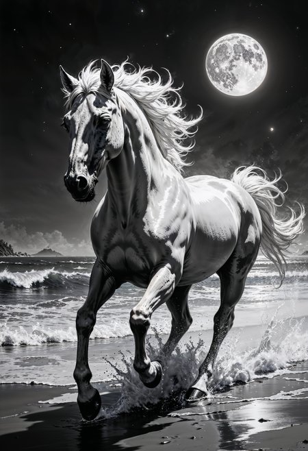 a dramatic, cinematic photograph of a majestic white horse in full gallop, its mane and tail flowing in the wind, as it thunders across a deserted midnight beach, illuminated only by the soft, ethereal glow of a full moon hanging low in the sky, casting a silver-blue light on the waves, which sparkle like a million glittering diamonds as they crash beneath the horse's pounding hooves, sending plumes of foamy spray high into the air, frozen in a moment of dynamic movement, with the horse's muscles rippling beneath its sleek coat, its eyes bright and wild, and its nostrils flared, capturing the raw energy and freedom of the moment in stunning black and white.