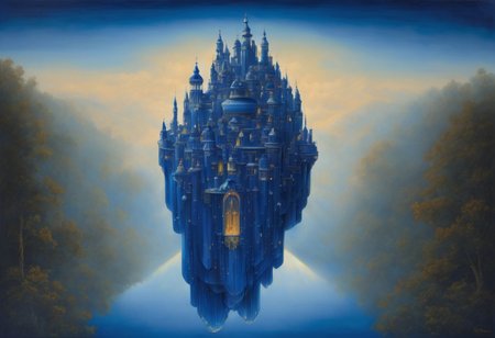 award winning painting of a floating castle in the air, epic composition, detailed, parts made of deep blue crystal,  intricate, the greatest painting ever