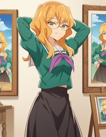 score_9, score_8_up, score_7_up, source_anime, <lora:sumika-chibana-s1-ponyxl-lora-nochekaiser:1>, sumika chibana, long hair, blonde hair, yellow eyes, glasses,, skirt, long sleeves, school uniform, puffy sleeves, serafuku, purple neckerchief, green shirt, black skirt, long skirt,, art gallery, paintings, sculptures, exhibits, quiet, smile, hands behind head,, looking at viewer, solo,, dutch angle, cowboy shot