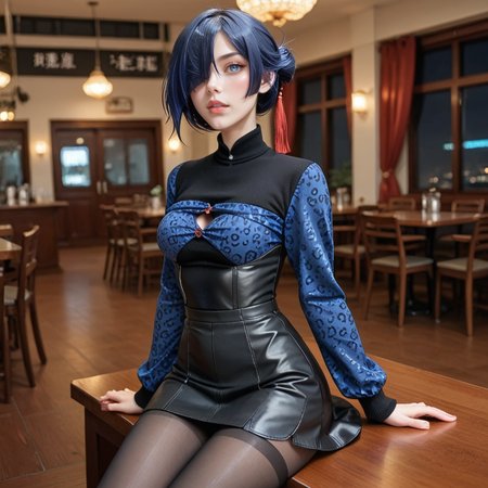 score_9_up, score_8_up, score_7_up, (masterpiece), (best quality), (ultra-detailed), (very aesthetic:1.2), intricate details, perfect composition, absurdres,
one girl, <lora:Xiao_Xinyue:0.8> , Xiao Xinzyue, blue hair, blue eyes, mole under eye, hair over one eye, single hair bun, medium breasts,   
looking at viewer, sitting, 
leopard print long sleeve top, high waist long black leather skirt, black pantyhose,  black chunky platform ankle boots, blushing, looking at viewer, restaurant scene,
<lora:Expressive_H-000001:0.8>, expressiveh,