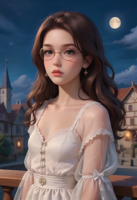 score_9, score_8_up, score_7_up, masterpiece, illustration, the best quality, ((solo)), 1girl, beautiful tender 18 years, lipstic, eyewear, small chest, small ass,
dariaTV, glasses, brown hair, long hair, round-rimmed eyewear, lips, dot eyes, bored eyes, expressionless,
Luxurious, beautiful, luxurious gothic dress white dress (lace, frills)
Night, stars, only one Moon, 
 on rooftop, on top of medieval town, night time,
dynamic angle, cowboy shot, dynamic pose, cute, realistic, wide shot, view legs
