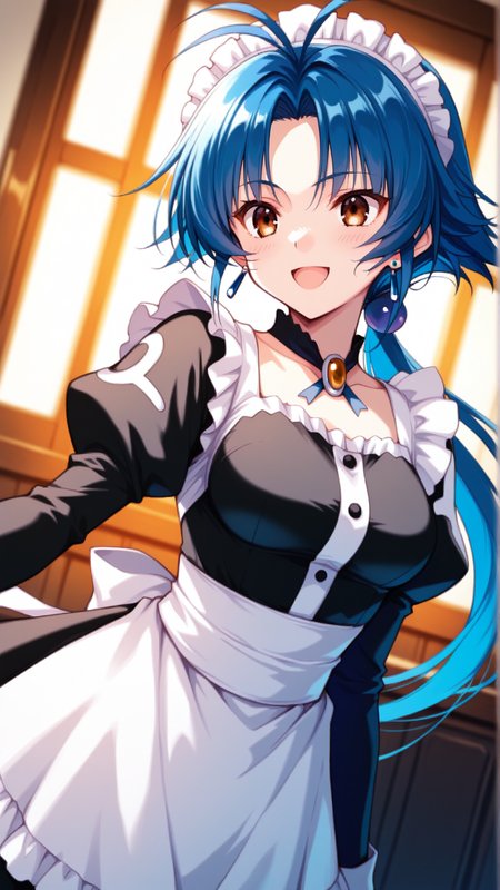 source_anime, general, best quality, masterpiece, 1girl,  <lora:Aria_Advance_ill_v1.1:1> aria_advance\(srw\), brown eyes, blue hair,medium breasts,long hair,low ponytail , jewelry,earrings,maid, maid headdress, maid apron, happy, (embarrassed:0.8),  dynamic pose, dutch angle,