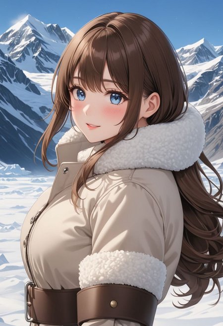 ((((white Oversized shearling down jacket)))), ((((white Oversized shearling puffer jacket)))), ((((white Oversized shearling winter clothes)))), ((((very very cold, in cold)))), ((((semi-realistic)))), ((((puffer hood)))), ((medium knee office skirt, pantyhose, boots)), ((((cowboy shot)))), ((sharp eyelid, eyeliner, eyelashes, beautiful detailed eyes, tsurime, long messy brown hair, blue eyes, perfect anatomy)), detailed fingers, solo, smile, standing, icefield, ((((masterpiece)))), ((((best quality)))), ((intricate details)), RAW, 8K UHD, (1girl), office lady, detailed face, beautiful face, charming, bonny, (((blush))), (((heavy breathing))), (((feels orgasm))), wind, (Thick padded collar:1.4), (TSH:1.4), (Thick padded cuffs:1.4)