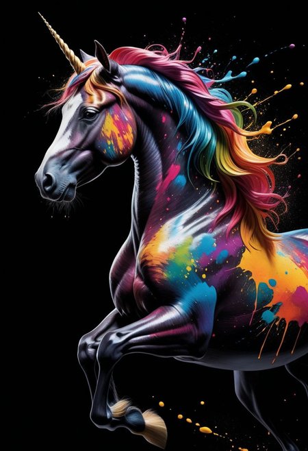 A captivating and dynamic artwork on a deep black background, with vibrant colors expertly splattered to create an enchanting effect. The splatter patterns meticulously form the head of a majestic, colorful unicorn, adding a touch of elegance and sophistication to the overall composition. The image exudes creativity and artistic expression, with a sense of movement and energy that draws the viewer in, immersing them in the world of vibrant colors and fluid forms.