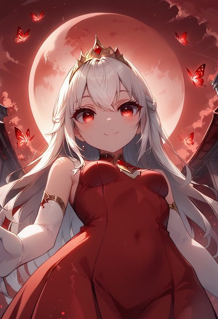 score_9, score_8_up, score_8, 1girl, white hair, himecut, red eyes, inviting, perfect eyes, detailed eyes, cute, long hair, girl, small breasts, wide hips, solo, (from below:1.7), sleeveless red dress, beckoning, smile, dynamic view, standing, looking back, narrow eyes, red butterflies, glowing butterflies, naughty eyes, night time, princess braid, gold tiara, white gloves, shoulder length gloves, blood moon, red night sky, glowing red eyes, sinister, balcony, architecture, princess, solo, red sky, evil
