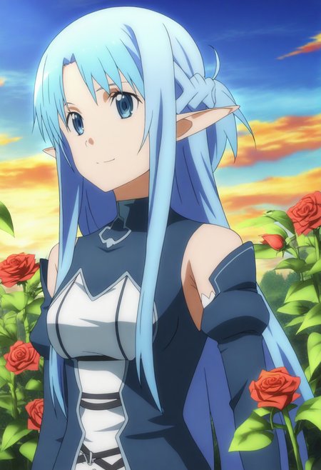<lora:Asuna Alfheim - [Sword Art Online] - illustriousXL v1:1>, sysdeep_asunaalfheim, blue eyes, blue hair, enchanted rose garden, picking rose, misty glow, soft smile, twilight setting, anime coloring