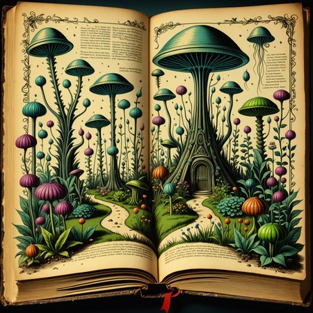 vintage drawing of alien garden in old magic book