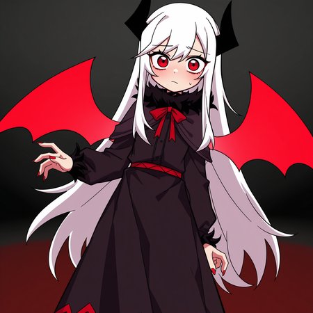 masterpiece, best quality, amazing quality, anime screencap, 1girl, solo, standing, cowboy shot, looking at viewer, <lora:VareltFNF:0.9>, VareltFNF, white hair, long hair, red eyes, black horns, neck ribbon, red ribbon, red demon wings, long fingernails, red fingernails, black dress, long dress, black skirt, black boots,