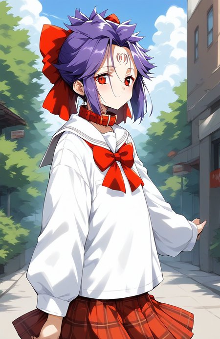 score_9, score_8_up, score_7_up, source_anime, rating_explicit, BREAK  <lora:kakurine_Ver2.1_XL:1> kakurine,  forehead mark, red eyes, purple hair, short hair, sidelocks, hair bow, red bow, collar, 
school uniform, checked skirt, 
outdoor, day,