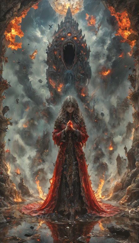 surreal image , darkness , human fall , broken glass, crying , shadow devil , melting face , hell , god ring, praying girl, flame sword, growing things, details in cross hatching with random flecks of color, dread, red, black, gold and silver, background of heaven 4k, hdr, Masterpiece