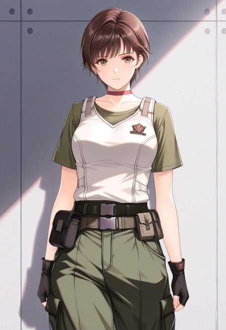masterpiece,best quality,ultra high res,
1girl,alicesoft,look at viewer,
rbchm, brown hair, short hair, brown eyes,
stud earrings, red choker, white vest, green shirt, short sleeves, belt, belt pouch, fingerless gloves, black gloves, green pants, cargo pants, black boots, ankle boots,
cowboy shot,