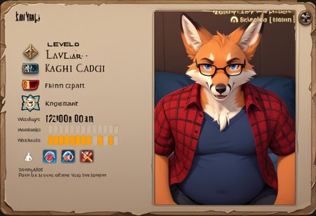 score_9, score_8_up, score_7_up, source_furry, furry, anthro, male, fox, chubby, red plaid shirt, black-rimmed glasses, blue eyes, XIVaPlate, english text, player_name:"Diamon" job:"Fox"