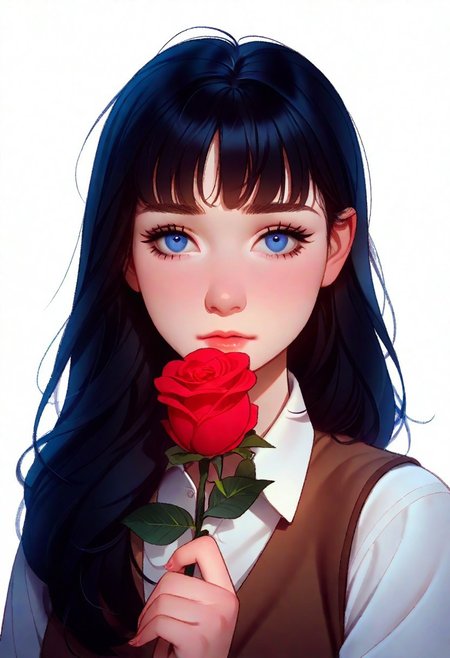 1girl, solo, face portrait, looking at viewer, facing camera, white collared shirt, brown vest, holding rose,
((white background)), diffused light, 
long dark hair, blue eyes,
artist : tsuaii, vectorial, masterpiece, best quality, very aesthetic,